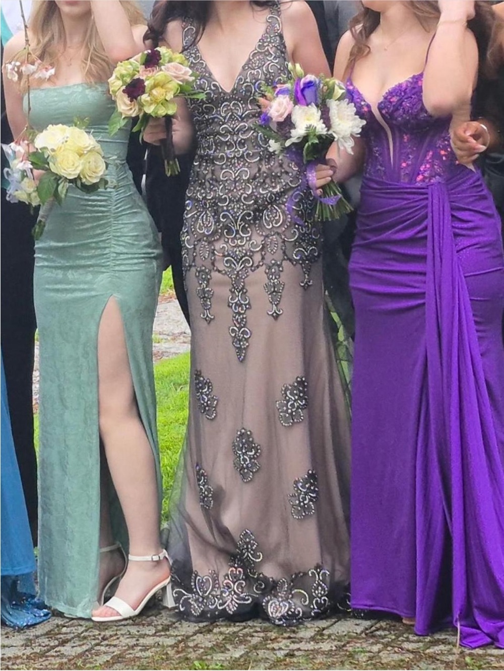 Beaded Sheer Formal Gown in Taupe-Gray